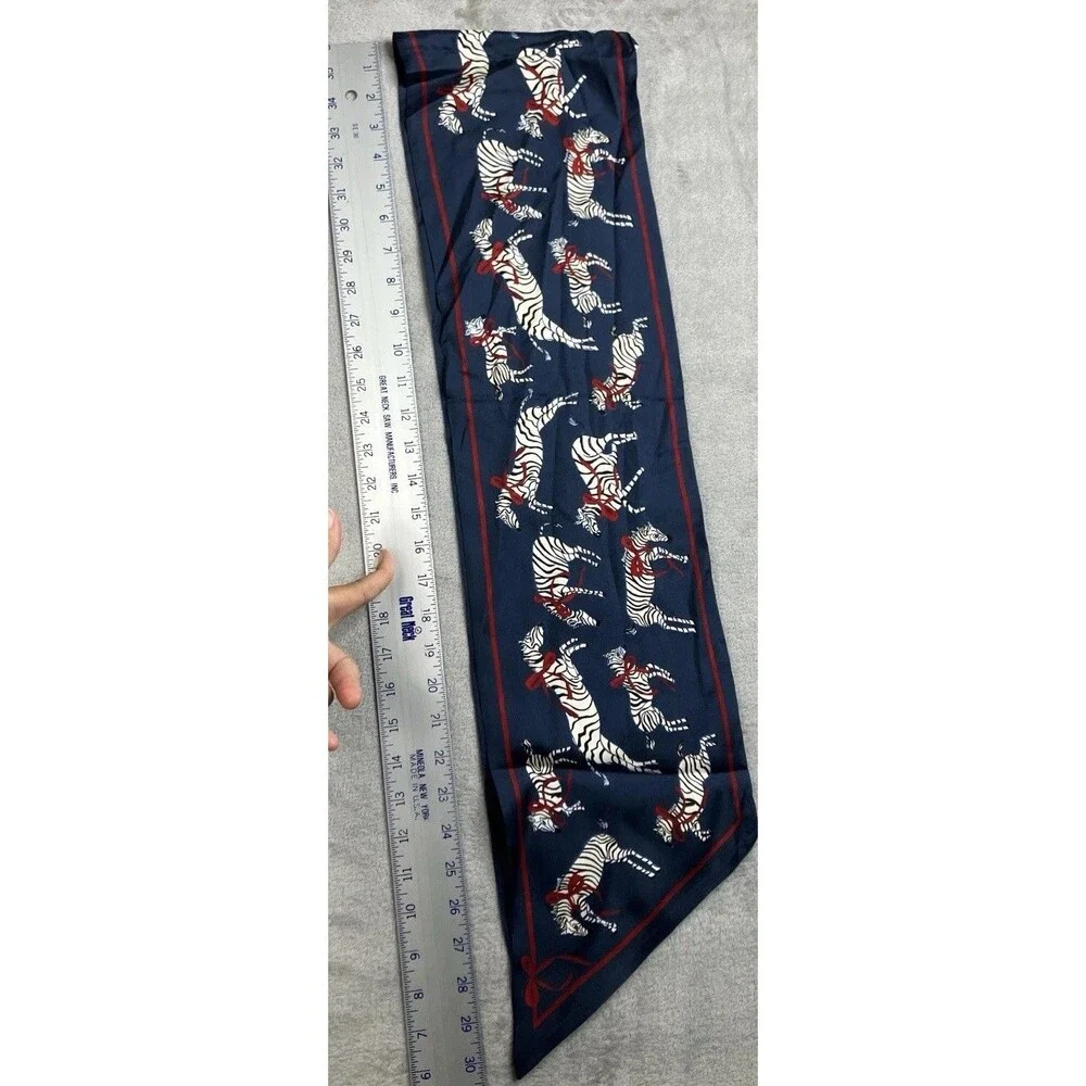 J Crew Silk Skinny Scarf Womens One Size Navy Red Zebra Bow Twilly BS227